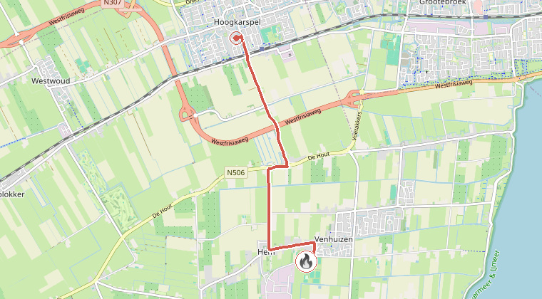 Kaart van de omgeving van de melding, met de kazerne die is gealarmeerd
