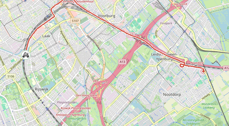Kaart van de omgeving van de melding, met de kazerne die is gealarmeerd