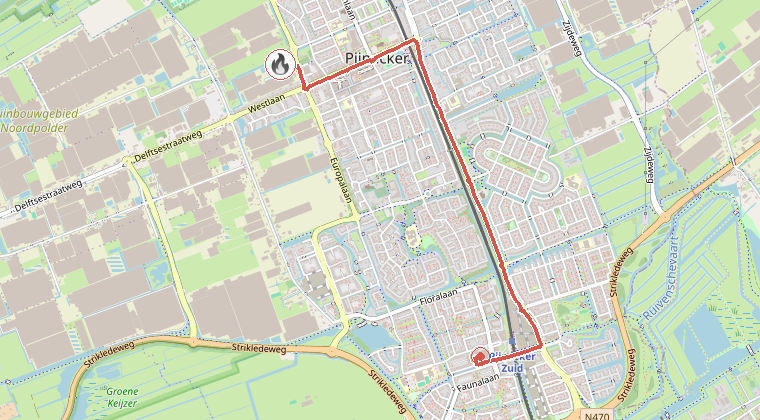 Kaart van de omgeving van de melding, met de kazerne die is gealarmeerd