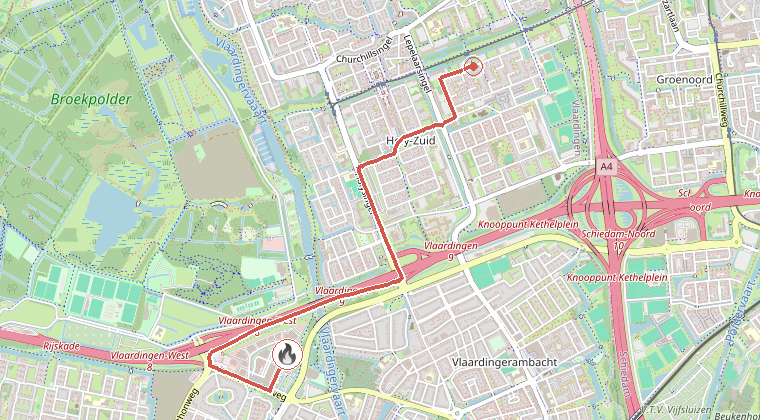 Kaart van de omgeving van de melding, met de kazerne die is gealarmeerd