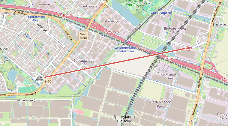 Kaart van de omgeving van de melding, met de kazerne die is gealarmeerd
