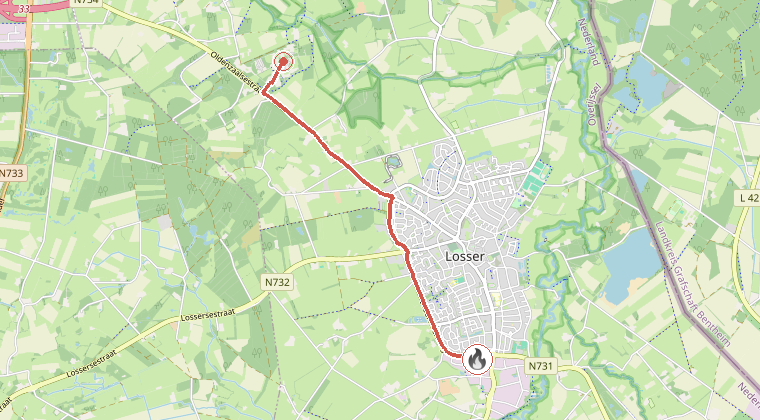 Kaart van de omgeving van de melding, met de kazerne die is gealarmeerd