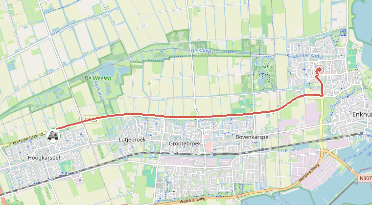 Kaart van de omgeving van de melding, met de kazerne die is gealarmeerd