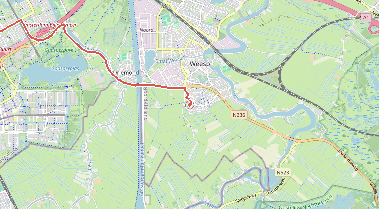 Kaart van de omgeving van de melding, met de kazerne die is gealarmeerd