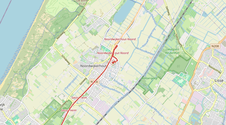 Kaart van de omgeving van de melding, met de kazerne die is gealarmeerd