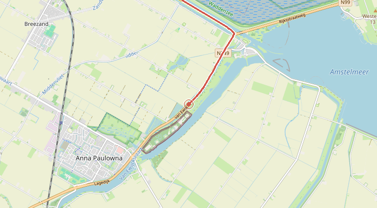 Kaart van de omgeving van de melding, met de kazerne die is gealarmeerd
