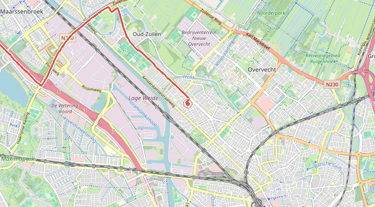 Kaart van de omgeving van de melding, met de kazerne die is gealarmeerd
