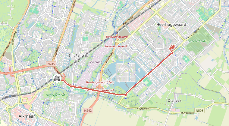 Kaart van de omgeving van de melding, met de kazerne die is gealarmeerd