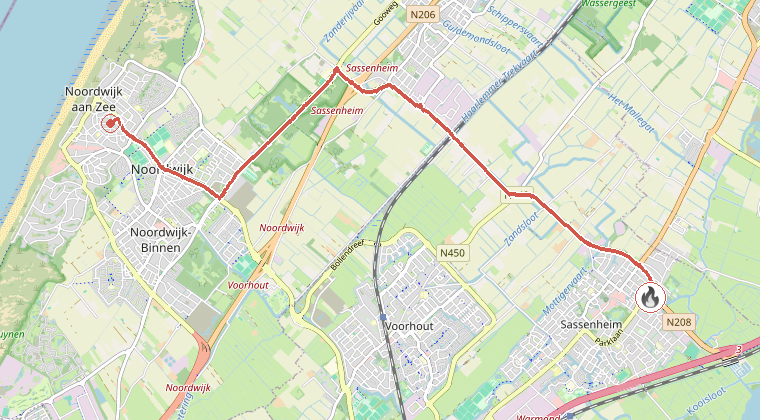 Kaart van de omgeving van de melding, met de kazerne die is gealarmeerd