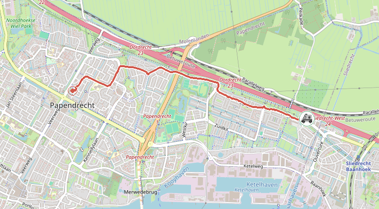 Kaart van de omgeving van de melding, met de kazerne die is gealarmeerd
