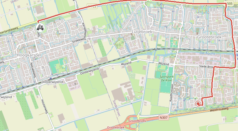 Kaart van de omgeving van de melding, met de kazerne die is gealarmeerd