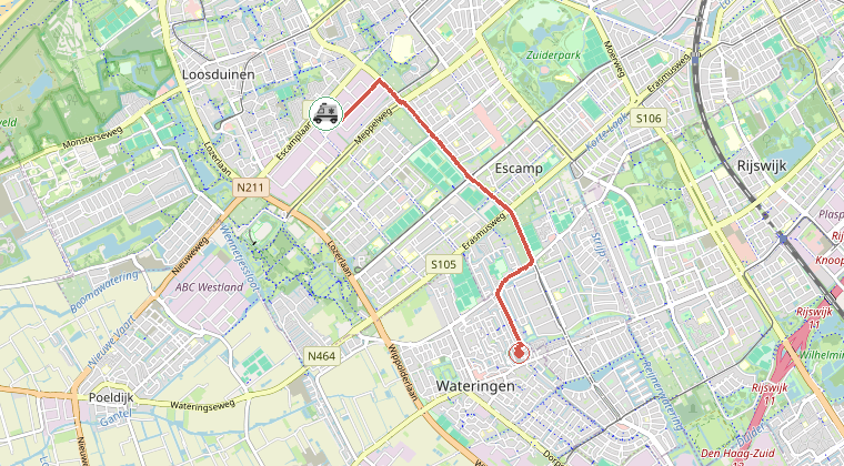 Kaart van de omgeving van de melding, met de kazerne die is gealarmeerd