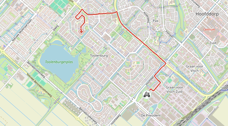 Kaart van de omgeving van de melding, met de kazerne die is gealarmeerd