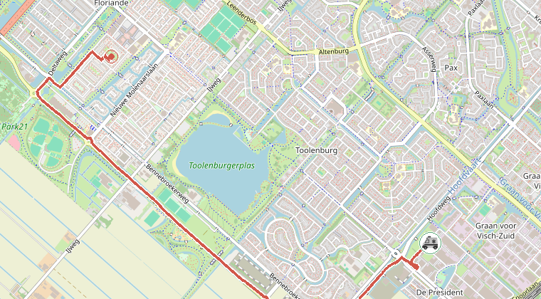 Kaart van de omgeving van de melding, met de kazerne die is gealarmeerd