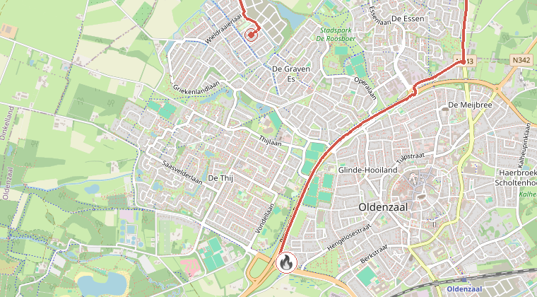Kaart van de omgeving van de melding, met de kazerne die is gealarmeerd