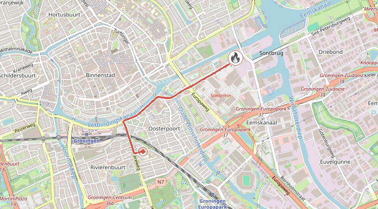 Kaart van de omgeving van de melding, met de kazerne die is gealarmeerd