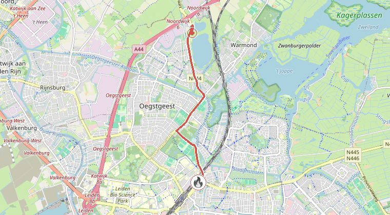 Kaart van de omgeving van de melding, met de kazerne die is gealarmeerd