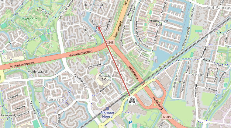 Kaart van de omgeving van de melding, met de kazerne die is gealarmeerd
