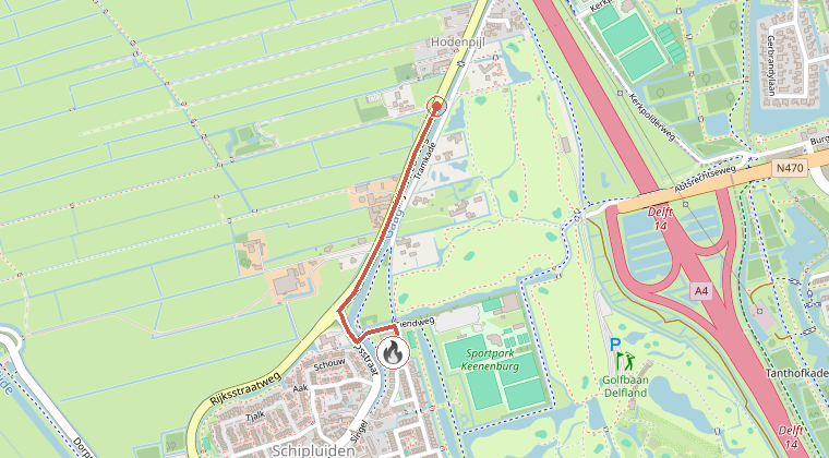 Kaart van de omgeving van de melding, met de kazerne die is gealarmeerd