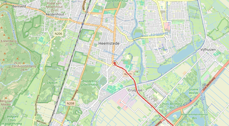 Kaart van de omgeving van de melding, met de kazerne die is gealarmeerd