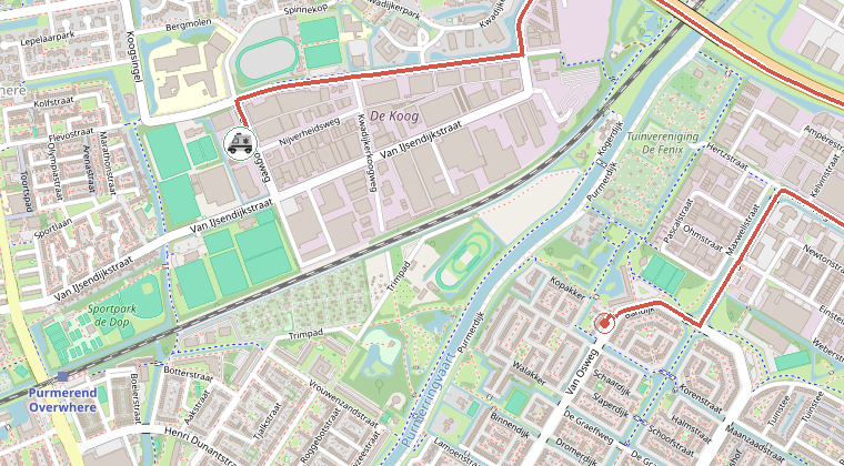 Kaart van de omgeving van de melding, met de kazerne die is gealarmeerd