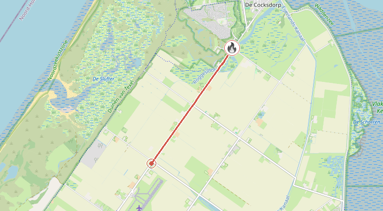 Kaart van de omgeving van de melding, met de kazerne die is gealarmeerd