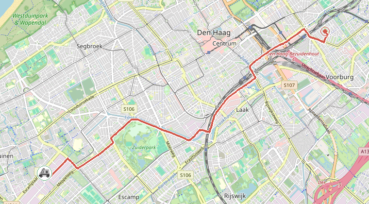 Kaart van de omgeving van de melding, met de kazerne die is gealarmeerd