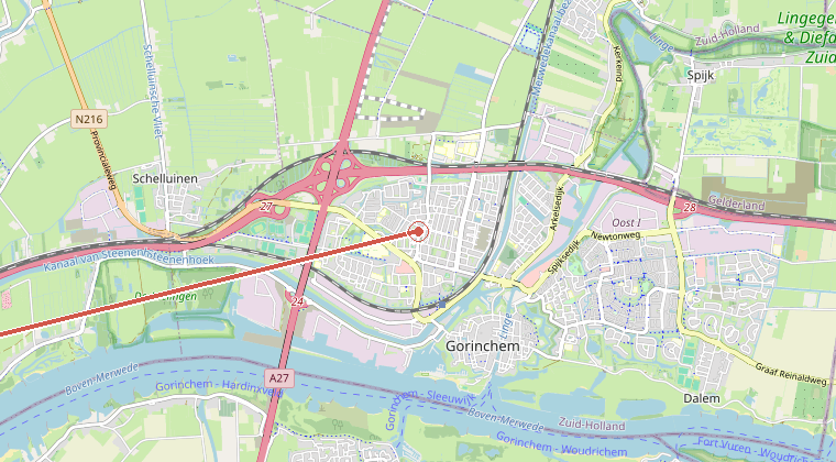 Kaart van de omgeving van de melding, met de kazerne die is gealarmeerd