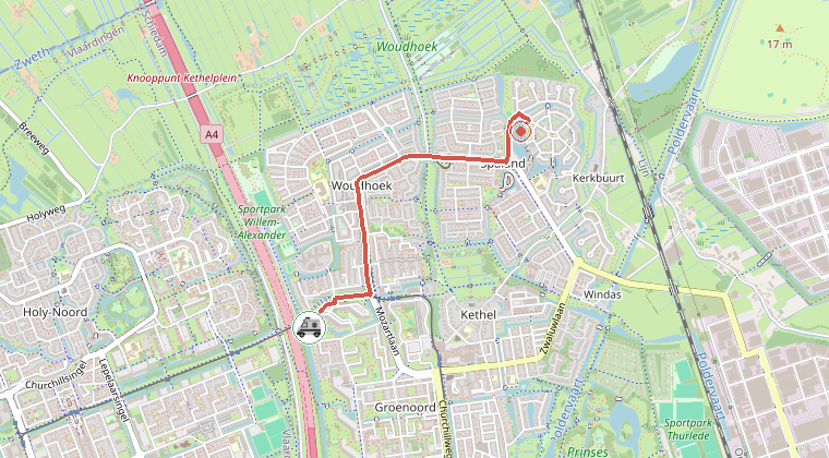 Kaart van de omgeving van de melding, met de kazerne die is gealarmeerd