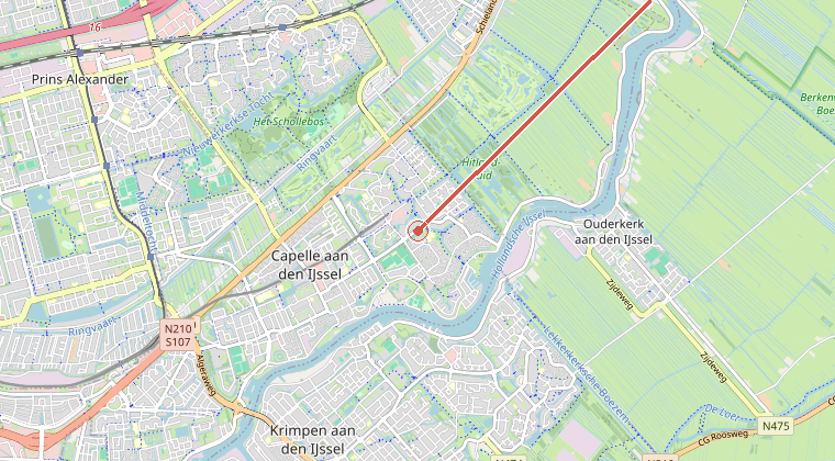 Kaart van de omgeving van de melding, met de kazerne die is gealarmeerd
