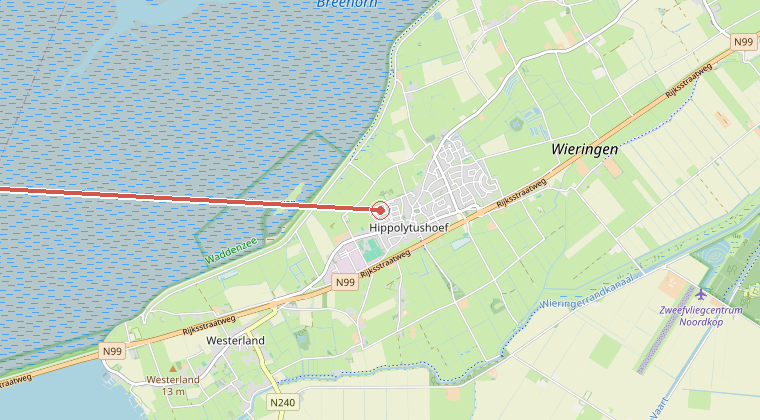 Kaart van de omgeving van de melding, met de kazerne die is gealarmeerd