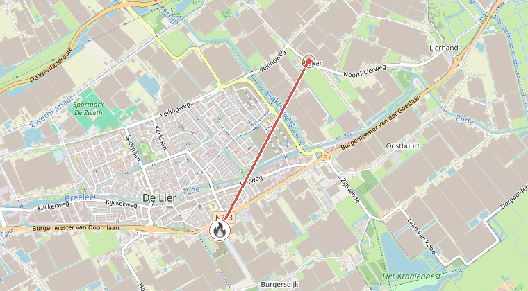 Kaart van de omgeving van de melding, met de kazerne die is gealarmeerd
