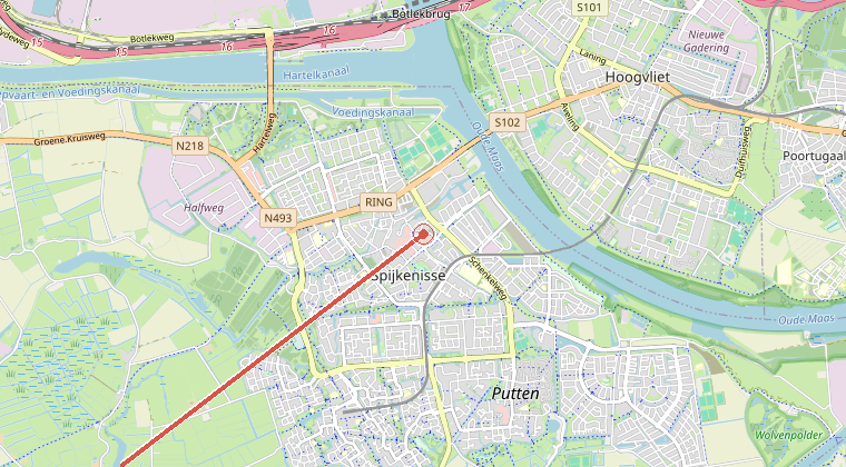 Kaart van de omgeving van de melding, met de kazerne die is gealarmeerd