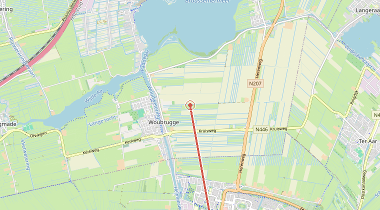 Kaart van de omgeving van de melding, met de kazerne die is gealarmeerd