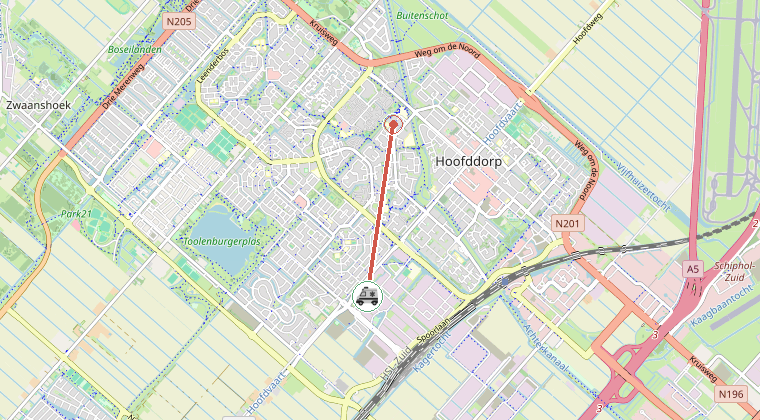 Kaart van de omgeving van de melding, met de kazerne die is gealarmeerd