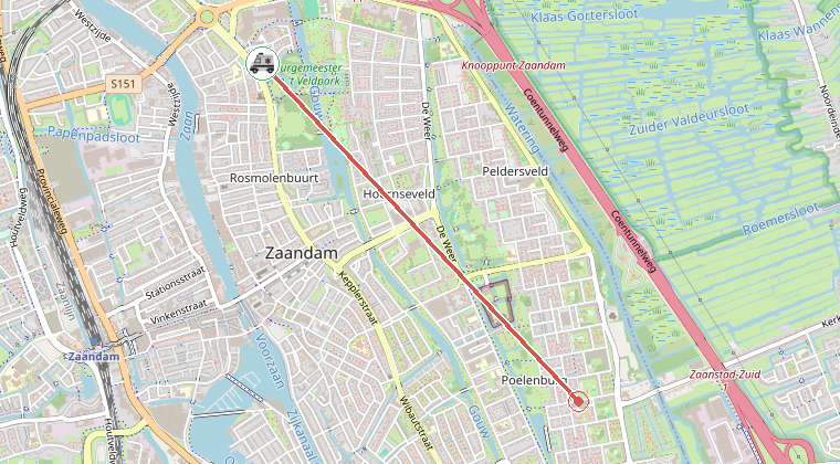 Kaart van de omgeving van de melding, met de kazerne die is gealarmeerd