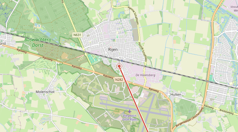 Kaart van de omgeving van de melding, met de kazerne die is gealarmeerd
