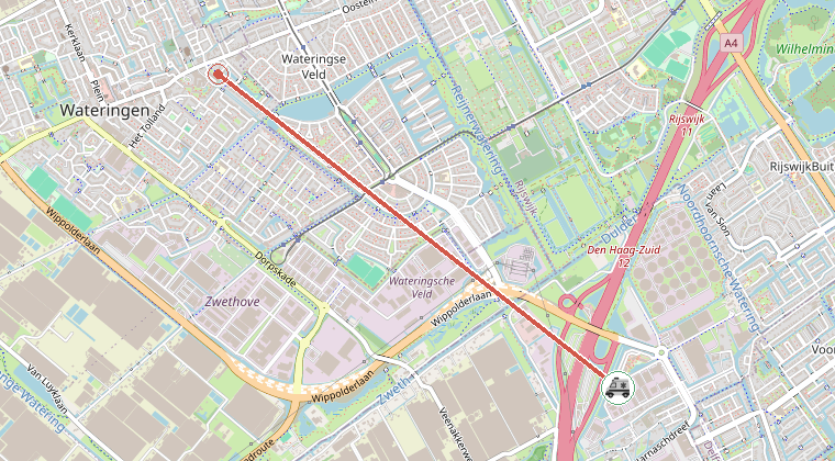 Kaart van de omgeving van de melding, met de kazerne die is gealarmeerd