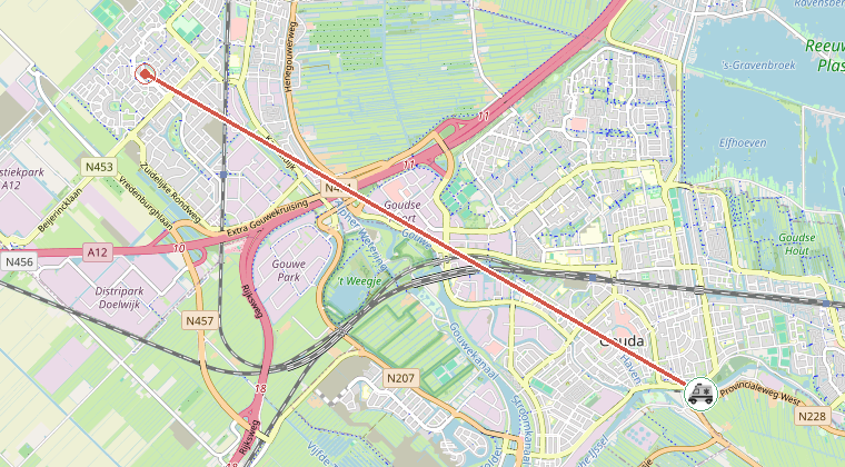 Kaart van de omgeving van de melding, met de kazerne die is gealarmeerd