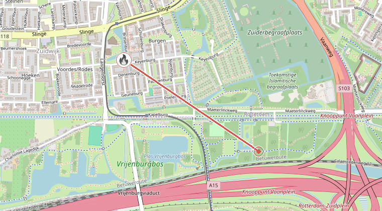 Kaart van de omgeving van de melding, met de kazerne die is gealarmeerd