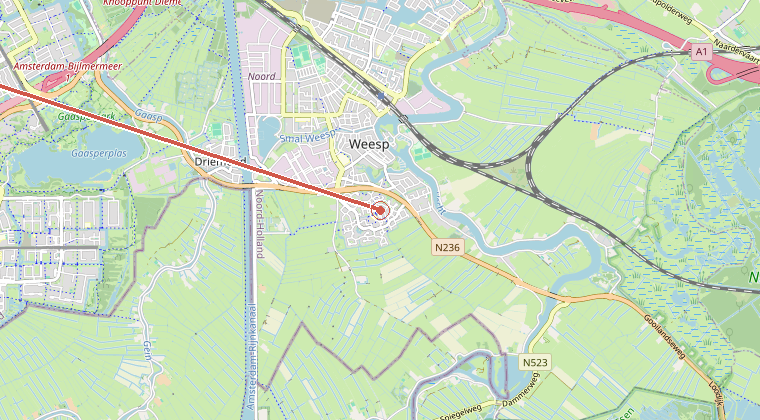 Kaart van de omgeving van de melding, met de kazerne die is gealarmeerd