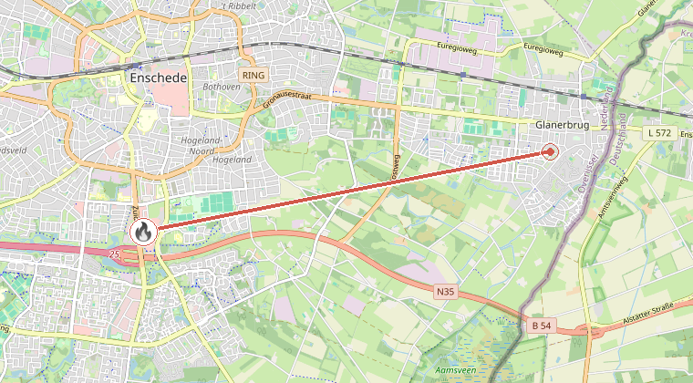 Kaart van de omgeving van de melding, met de kazerne die is gealarmeerd