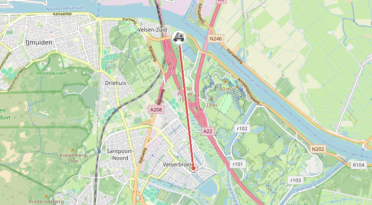 Kaart van de omgeving van de melding, met de kazerne die is gealarmeerd
