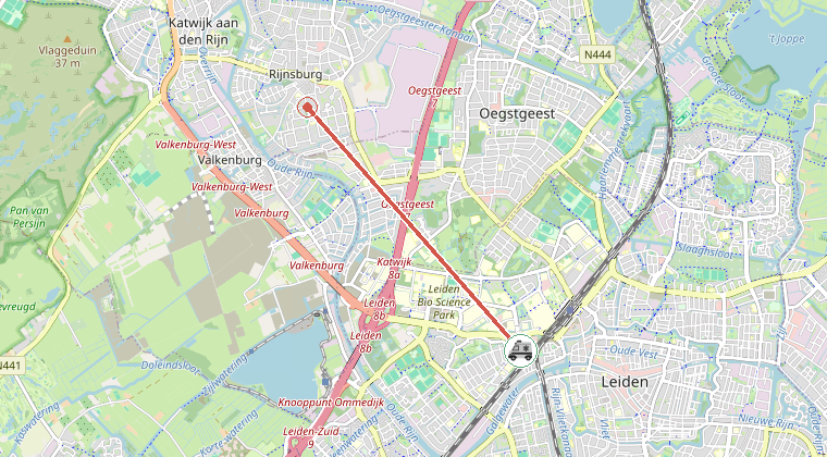 Kaart van de omgeving van de melding, met de kazerne die is gealarmeerd