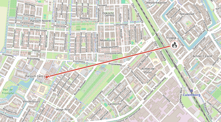 Kaart van de omgeving van de melding, met de kazerne die is gealarmeerd