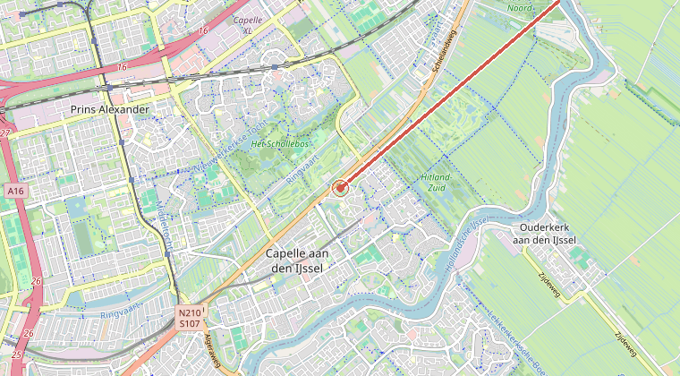 Kaart van de omgeving van de melding, met de kazerne die is gealarmeerd
