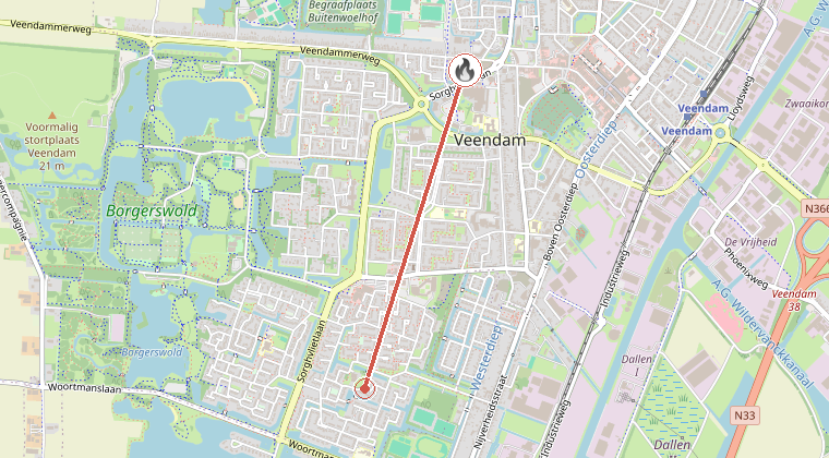 Kaart van de omgeving van de melding, met de kazerne die is gealarmeerd
