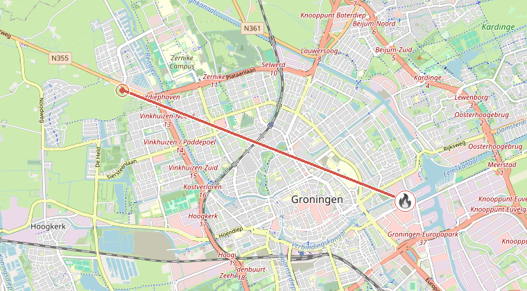 Kaart van de omgeving van de melding, met de kazerne die is gealarmeerd