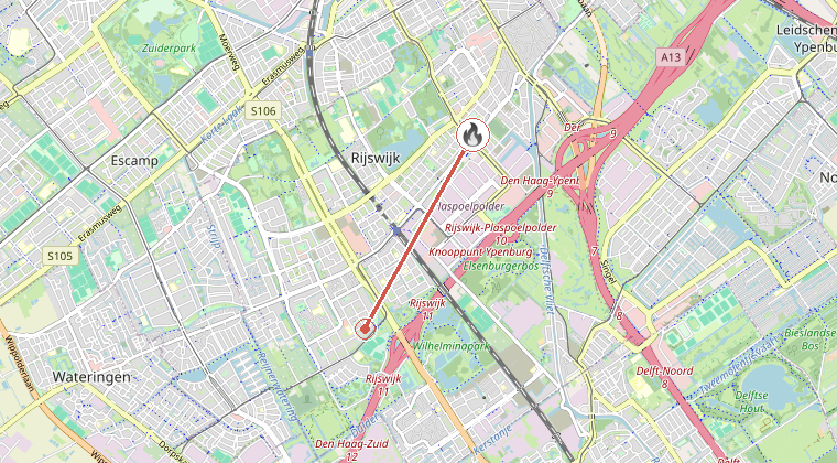 Kaart van de omgeving van de melding, met de kazerne die is gealarmeerd