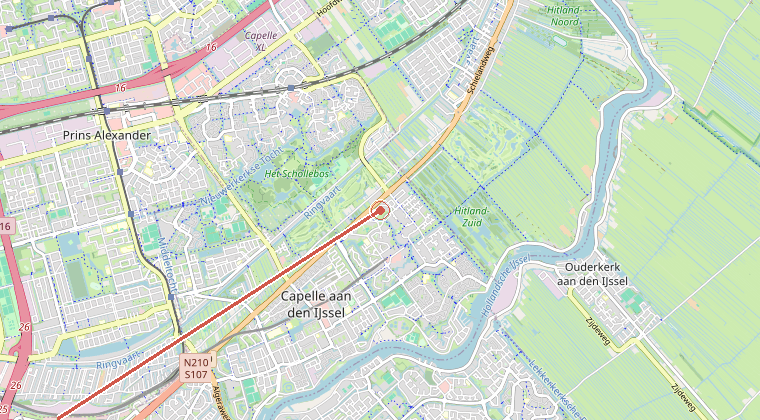 Kaart van de omgeving van de melding, met de kazerne die is gealarmeerd